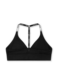 Sujetador deportivo negro con forma triangular, que presenta una banda ancha bajo el pecho, tirantes ajustables y el texto blanco contrastante "10 Days" en los tirantes.