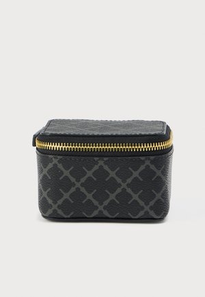 Black leather zippered cosmetic case with a geometric gray pattern and a textured finish. Features a gold zipper and a rectangular shape.