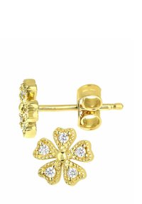 Zlatna naušnica u obliku cvijeta sa pet latica, ukrašena prozirnim rhinestones na središtu svake latice i teksturiranom stražnjom stranom.
