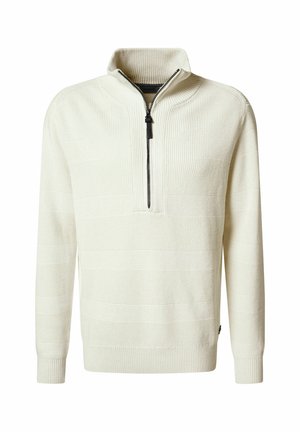Cremefarbener Strickpullover mit einem Reißverschluss am Stehkragen. Verfügt über horizontale Rippen- und Strukturmuster. Lange Ärmel mit gerippten Bündchen.