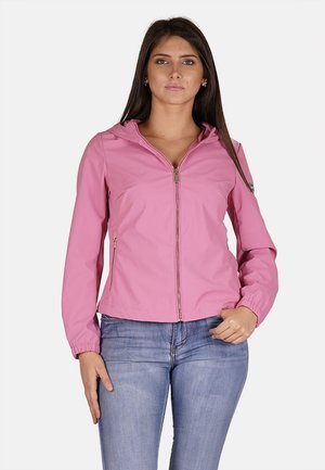 Giacca zip rosa chiaro realizzata in un tessuto leggero e liscio. Presenta un cappuccio, polsini elasticizzati e tasche laterali con zip per riporre oggetti.