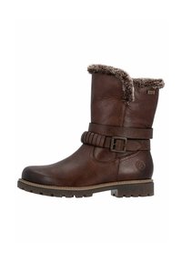 Braune Leder-Stiefelette mit Kunstfellbesatz, Schnallendetail und strukturiertem Sohlenbereich. Mit einer runden Zehenpartie und einem seitlichen Riemen für ein zusätzliches Designelement.