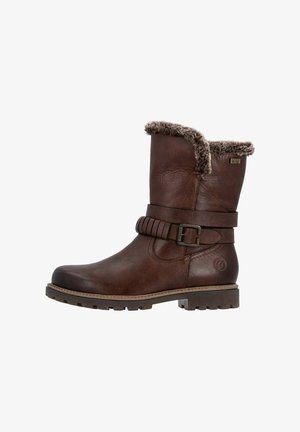 Stivale alla caviglia in pelle marrone con bordo in pelliccia sintetica, dettaglio con fibbia e suola texturizzata. Presenta una punta rotonda e una cinghia laterale per un tocco di design in più.
