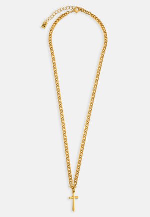 Gold-toned metal necklace featuring a double chain design, with a simple cross pendant hanging from the center, smooth texture.
