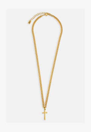 Kuldtoonist metallkaelakee, millel on kahekordne ahela disain, lihtne ristripats keskel, sile tekstuur.