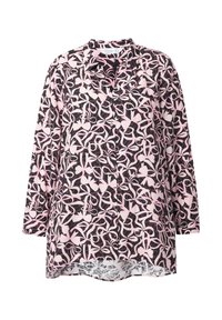 Blusa a maniche lunghe con sfondo nero e motivo floreale bianco e rosa, chiusura a bottoni e orlo curvo.