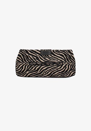 Borsa a mano con stampa zebra realizzata in tessuto, con strisce nere e beige, forma rettangolare e un'accenno in pelle nera sulla parte superiore.