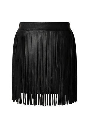 Zwarte leren rok met verticale franjes, een aansluitende tailleband en een korte lengte. Stevige textuur met een strakke afwerking.