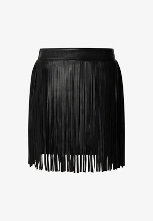 Black leather skirt featuring vertical fringes, a fitted waistband, and a short design. Smooth texture with a sleek finish.