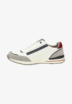 White leather sneaker with grey suede accents, perforated design, dark blue stripe, and red heel detail. Rubber sole with multicolored trim.