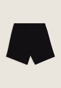Pantaloni nere con un elastico in vita, caratterizzati da un design semplice e una superficie liscia. Nessuna tasca o logo visibile.