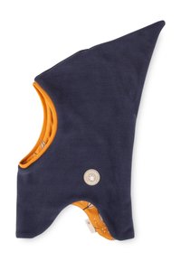 Gilet in pile blu navy con fodera interna arancione. Design unico a punta con armholes arrotondati e un piccolo logo sul davanti.