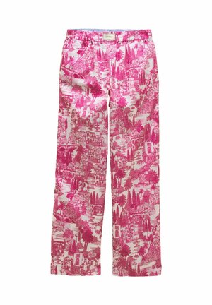 White pants with bright pink detailed cityscape and palm tree pattern, featuring an elastic waistband and a small "Joules" label at the front.