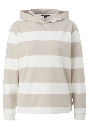 Bluza z kapturem w szerokie poziome beżowe i białe paski, z długimi rękawami i luźnym krojem.