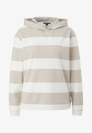 Sweat à capuche avec de larges rayures horizontales beige et blanches, manches longues et coupe décontractée.