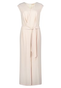 Lys rosa ærmeløs jumpsuit med V-hals, omslag foran og selvbindebælte i taljen. Glat stof med en flydende silhuet.