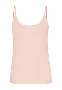 Light pink sleeveless top with thin straps. Made of soft, smooth fabric featuring a round neckline and a simple, fitted design.