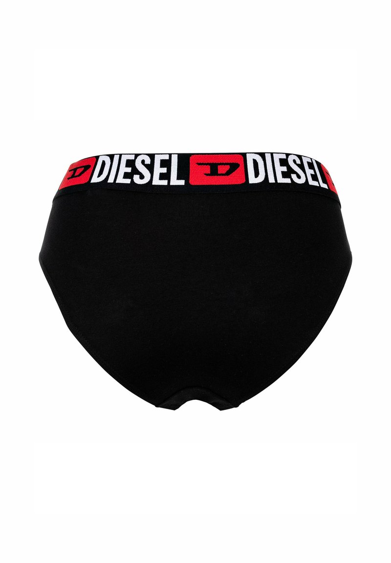 Schwarze Baumwollunterhose mit elastischem Bund, auf dem "DIESEL" in fetter weißer und roter Schrift steht. Glatte Textur, abgerundetes Rückendesign.