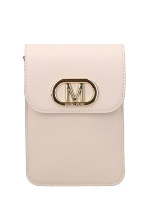 Small beige crossbody bag with flap closure and gold oval emblem featuring a raised "M" and "Marc Ellis" branding.