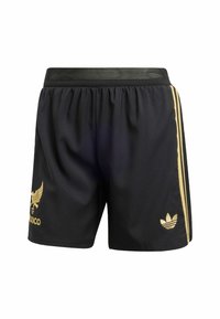 Shorts sportivi neri con cintura in rete, con logo Adidas dorato e emblema del Messico, e strisce laterali dorate.