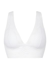 Bralette bianco in pizzo a forma triangolare, con un motivo testurizzato e spalline larghe per il supporto. Senza ferretto, design senza cuciture.