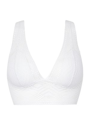 Balta nėriniai bralette su trikampio forma, turintis tekstūruotą raštą ir plačias petnešas palaikymui. Be laidų, be siūlių dizainas.