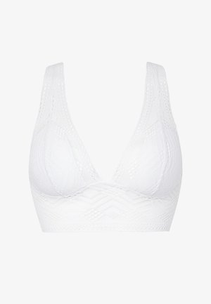 Valge pitsist bra leti, millel on kolmnurga kuju, tekstuuriga muster ja laiad rihmad toe saamiseks. Ilma traata, õmblusteta disain.