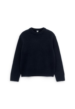 Dunkelblauer Strickpullover mit rundem Ausschnitt, gerippten Bündchen und Saum, entspannter Passform und weicher Textur. Keine sichtbaren Muster oder Akzente.