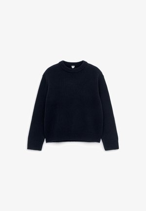 Dark navy knit sweater with a round neckline, ribbed cuffs and hem, featuring a relaxed fit and soft texture. No visible patterns or accents.
