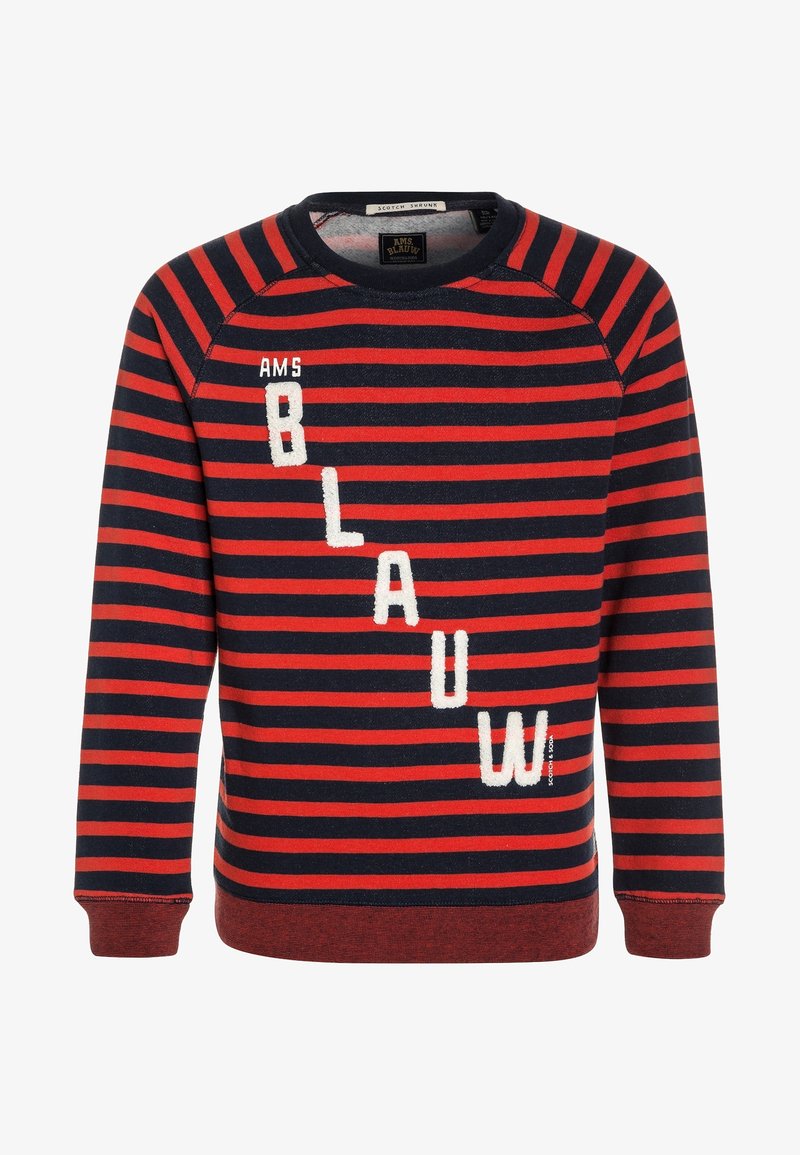 Sweat-shirt rayé rouge et marine avec un col rond, affichant des lettres blanches texturées épelant "BLAUW" et "AMS" dans une disposition diagonale.