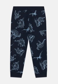 Leggings blu navy con stampa di dinosauri in azzurro chiaro, che mostrano varie forme e disegni di dinosauri, con una texture morbida e una cintura elastica.
