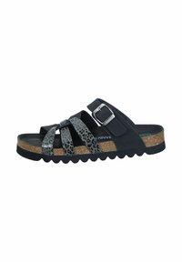 Schwarze Sandalen mit Leopardenmuster-Riemen, Korksohle und silbernem Schnallendetail. Texturiertes Fußbett mit gewellten Rändern für Rutschfestigkeit.
