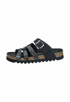 Black sandals with leopard print straps, cork sole, and silver buckle detail. Textured outsole with scalloped edges for traction.