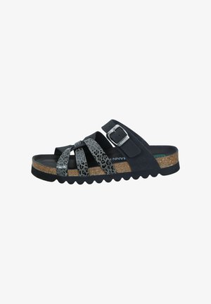 Schwarze Sandalen mit Leopardenmuster-Riemen, Korksohle und silbernem Schnallendetail. Texturiertes Fußbett mit gewellten Rändern für Rutschfestigkeit.