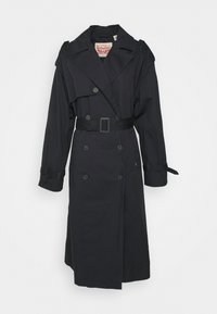 Cappotto nero in tessuto, con design doppiopetto, ampie rever, una cintura e dettagli con bottoni sulle maniche.