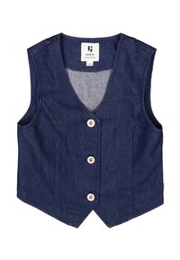 Marineblauer Jeanswesten mit V-Ausschnitt, vier vorderen Knöpfen und taillierter Form. Sie verfügt über ein ärmelloses Design und einen abgewinkelten Saum.