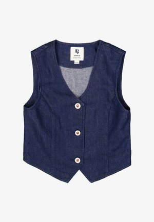 Chaleco de mezclilla azul marino con escote en V, cuatro botones delantero y forma entallada. Presenta un diseño sin mangas y dobladillo en ángulo.