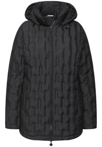 Svart vadderad jacka med huva, med en kviltad design, framdragkedja och sidofickor. Mjukt tyg med elastiska detaljer.