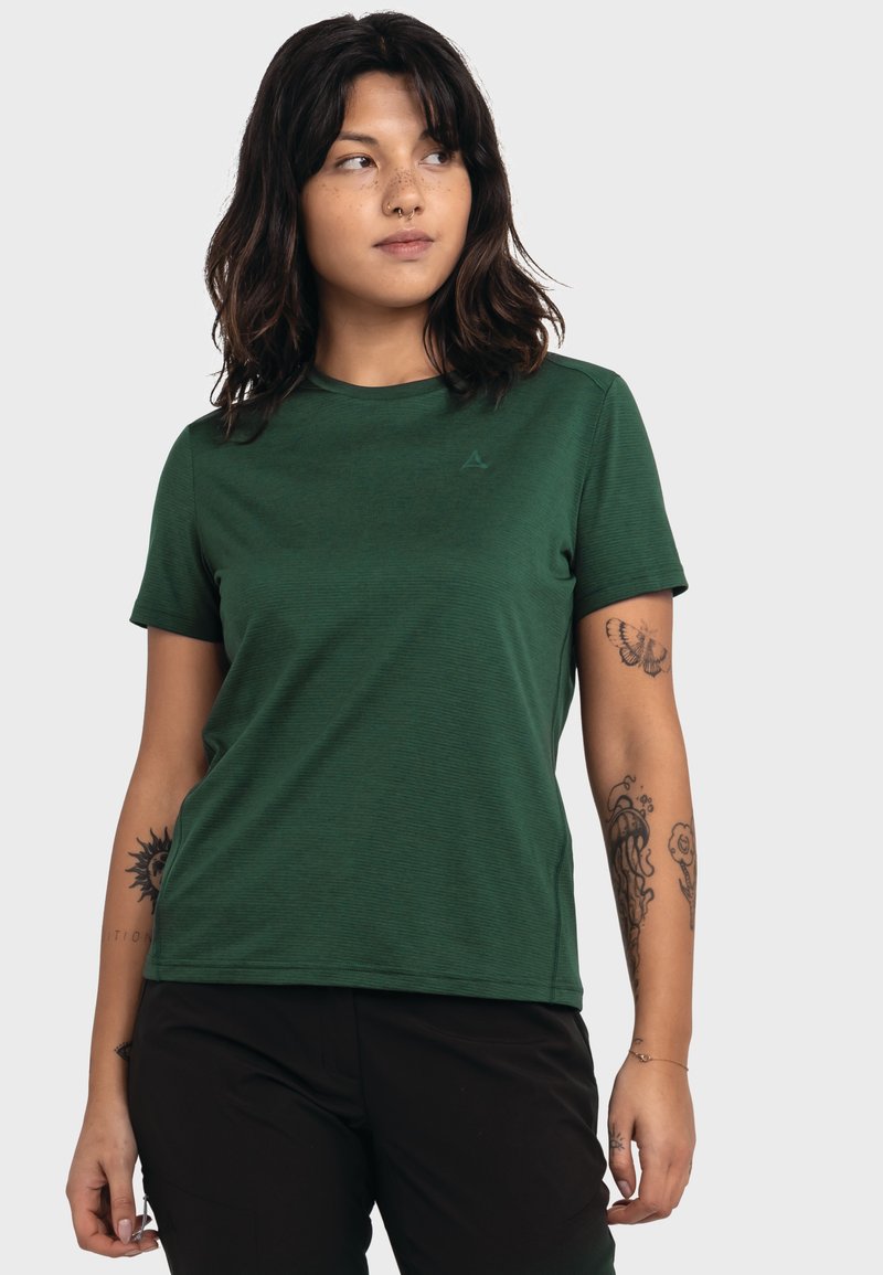 Grünes T-Shirt mit kurzen Ärmeln aus strukturiertem Stoff, mit Rundhalsausschnitt und einem dezenten Logo-Detail auf der Brust.