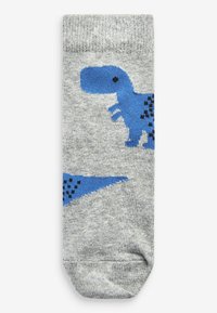 Calcetín de algodón gris con un diseño de dinosaurio azul, con detalles en negro y una forma triangular azul, creando un patrón divertido.