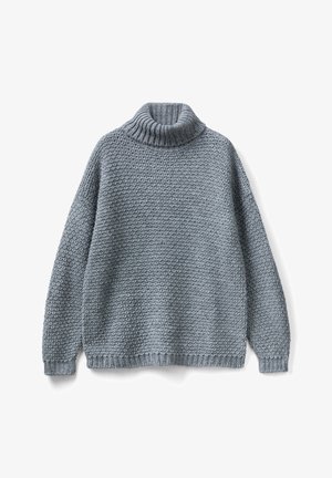 Pull à col roulé en maille épaisse gris clair avec manches longues et poignets et ourlet côtelés, présenté sur fond blanc.