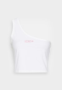 Top corto bianco a spalla unica realizzato in morbido tessuto, con il logo "Levi's®" in rosa sul petto, finitura pulita e senza motivi visibili.