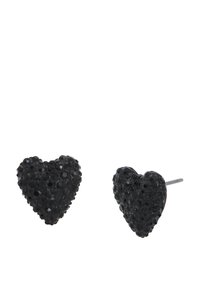 Orecchini a stud a forma di cuore neri, realizzati in materiale testurizzato, con un design a grappolo e accenti di superficie lucidi.