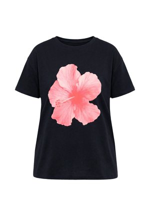 Camiseta negra de manga corta con un gran estampado de una flor de hibisco rosa centrada en el frente.