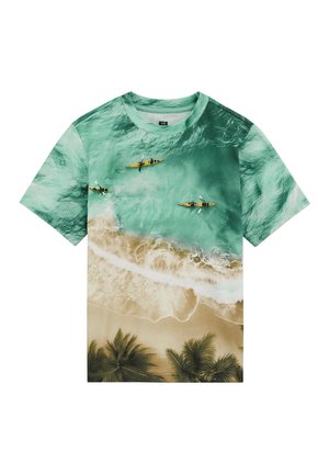 T-shirt avec vue aérienne de trois kayakistes pagayant dans une eau turquoise près d'une plage de sable et de palmiers.