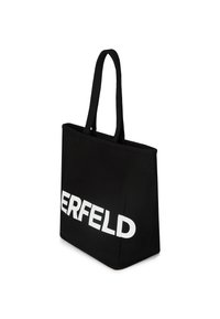 Fekete vászontáska, tartós anyagból készült, egyoldalon fehér "ERFELD" felirattal, masszív dupla füllel és téglalap alakú formával.