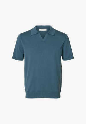 Tricou polo din tricot albastru cu mâneci scurte, guler în V și margini canelate la manșete și tiv.