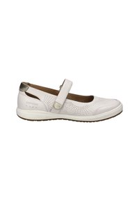 Zapatos Mary Jane de cuero blanco con un diseño perforado, correa ajustable y una suela de goma de color marrón claro. Acento metálico en el tacón.