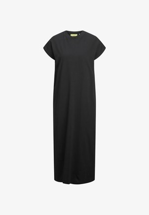 Čierne šaty po kolená s krátkymi rukávmi a okrúhlym výstrihom, vyrobené z mäkkej, jednofarebnej látky. Jednoduchý strih bez vzorov alebo akcentov.