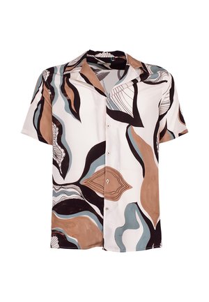 Camicia a maniche corte con bottoni, con motivi astratti a foglia marroni, neri, blu e bianchi su sfondo bianco.